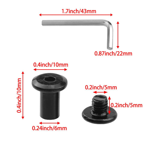 Solid As A Rock 304 Stainless Steel Black Binding Post Screws M5 Hex Drive Rivet Socket Pack With Allen Wrench showing sizes and shapes of screws and wrench.