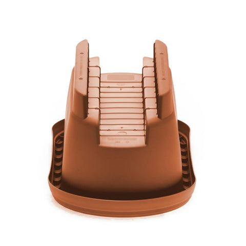Terra Cotta 24 Inch Rail Planter For Deck And Balcony With 4 Gallon Capacity Fits Rails Three And One Quarter To Three And Three Quarter Inches Wide UV Protected Resin Weather Resistant No Tool Needed Easy Cleaning Made In USA, viewed from bottom showing rail grips.