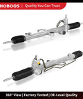 Plug And Play Hydraulic Power Steering Rack And Pinion Assembly For Toyota Tundra 2000 2006 And Sequoia 2001 2007 With 3.0L 4.0L And 4.7L Engines New Unit Leak Resistant Direct Fit Left Hand Drive Only Ref 97-1618, front and side view