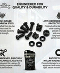 Heavy Duty M6 X 16 Rack Mount Screws Paired With Carbon Steel Cage Nuts And Nylon Washers 50 Pack Server Kit arranged on a flat surface.