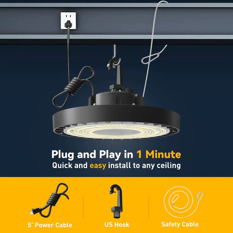 3 Color UFO LED High Bay Light 100W 3000K 4000K 5000K IP65 14,000 Lm 120 Degree Beam 5 Foot Cable With Plug Dope Bright