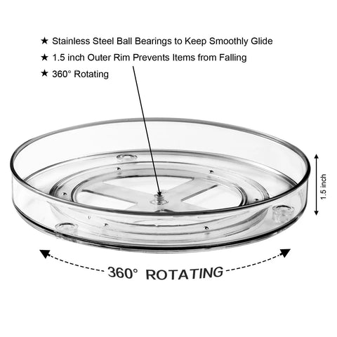 Transparent turntable with 1.5-inch rim and stainless steel ball bearings for smooth glide. Two Pack 11 Inch Lazy Susan Organizer With Non Slip Turntable For Cabinet Fridge Kitchen Pantry Under Sink Vanity And More To Maximize Space And Reach In Corners.