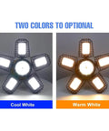 Mega Bright 19800LM LED Garage Light With Five Plus One Adjustable Panels shown in cool white and warm white options