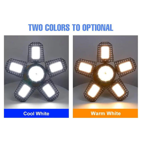 Mega Bright 19800LM LED Garage Light With Five Plus One Adjustable Panels shown in cool white and warm white options