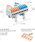 Six Piece DIN Rail Terminal Blocks Set For Inline Circuit Wiring 28 12 AWG DIY Plug And Play Splice Connectors, dimensions, and materials