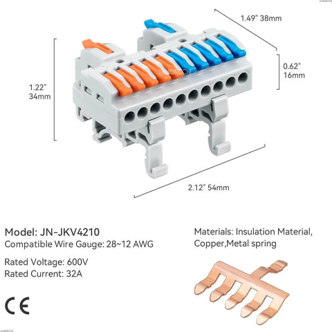 Six Piece DIN Rail Terminal Blocks Set For Inline Circuit Wiring 28 12 AWG DIY Plug And Play Splice Connectors, dimensions, and materials