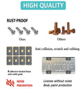 Comparison of rust-proof screws with rusty ones and anti-rattle pads next to a license plate