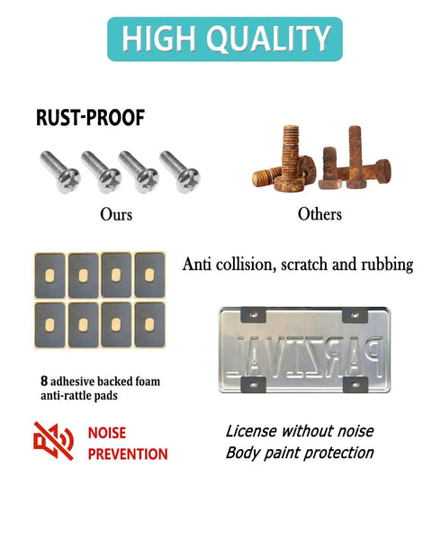 Comparison of rust-proof screws with rusty ones and anti-rattle pads next to a license plate