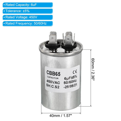 Beefed Up 6uF 450V AC CBB65 Fan Start Capacitor For Air Conditioners And Heat Pumps shows size and voltage specifications