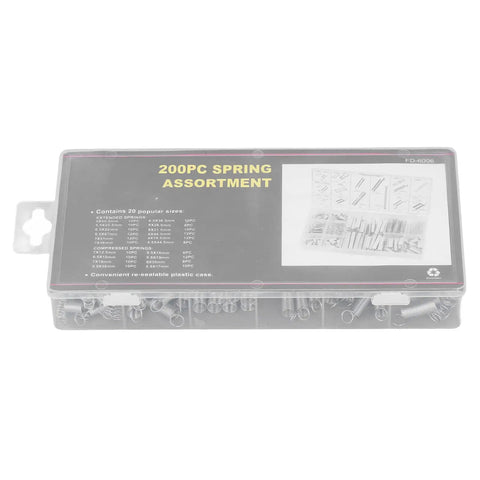Heavy Duty Galvanized Steel Spring Assortment Kit 200Pcs with clear case and label showing sizes and types.
