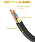 Close-up of 3 pure copper wires with insulation layers, labeled 16AWG, suitable for heavy-duty use in power splitters.