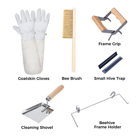Beekeeping Tools Kit 22 Pcs For Beginners And Beekeepers With goatskin gloves, bee brush, frame grip, small hive trap, shovel, frame holder