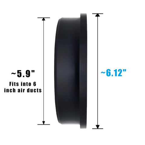 Side view of 6 Inch Air Duct Screen With Carbon Filter, showing dimensions and round weatherproof frame, designed in USA.
