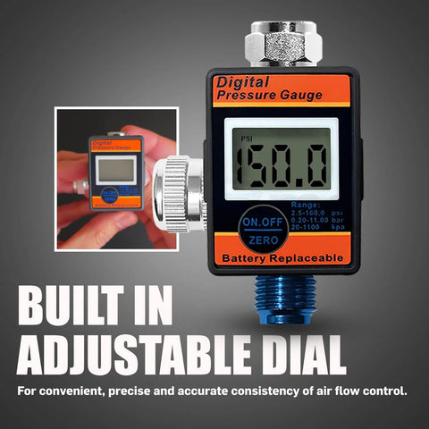 Front view of LE LEMATEC digital air pressure regulator with LED display gauge; 1/4 NPT inlet.