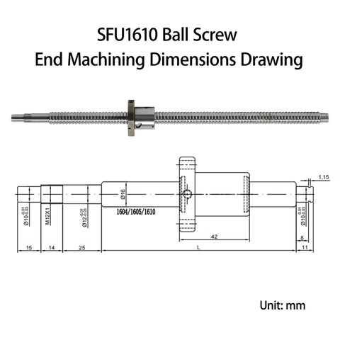 CNC Ball Screw Kit With Anti Backlash Nut SFU1610 1000mm 39.37in 16mm Ballscrew BK12 BF12 End Supports Coupler Nut Housing For Your CNC Rig Stepper Mount Included, dimension drawing
