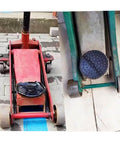 Heavy Duty Floor Jack Saddle with Rubber Pad for 4-Ton Jacks, alloy steel, installed on a floor jack, rubber pad visible