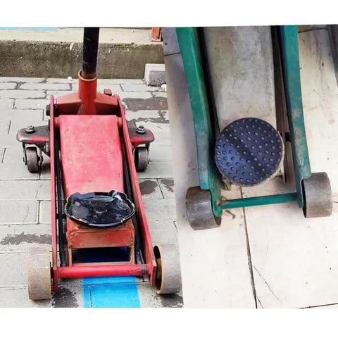 Heavy Duty Floor Jack Saddle with Rubber Pad for 4-Ton Jacks, alloy steel, installed on a floor jack, rubber pad visible