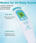 Non Contact Infrared Forehead Thermometer Medical Grade For Quick One Second Readings Ideal For Adults Kids And Babies Hospital Quality No Touch Fever Check White Finish showing body and surface modes