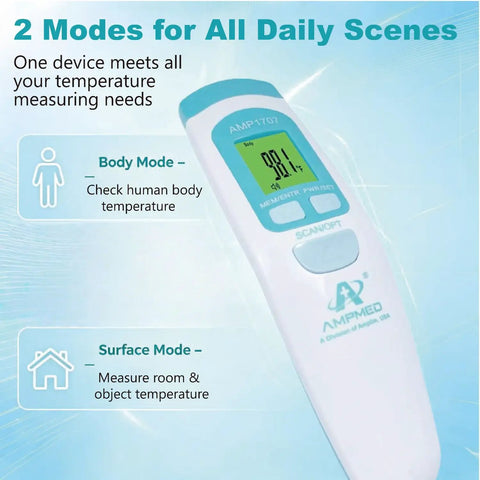 Non Contact Infrared Forehead Thermometer Medical Grade For Quick One Second Readings Ideal For Adults Kids And Babies Hospital Quality No Touch Fever Check White Finish showing body and surface modes