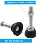 Four Pack Heavy Duty Adjustable Leveling Feet With M16 Screw Thread And Slick Black Rubber Base For Furniture And Machines Delivers Rock Solid Stability Includes Nifty T Bolts For Quick Setup displaying stainless steel and rubber features.