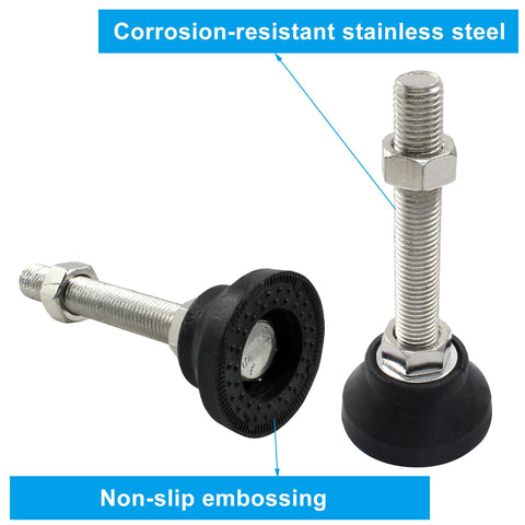 Four Pack Heavy Duty Adjustable Leveling Feet With M16 Screw Thread And Slick Black Rubber Base For Furniture And Machines Delivers Rock Solid Stability Includes Nifty T Bolts For Quick Setup displaying stainless steel and rubber features.