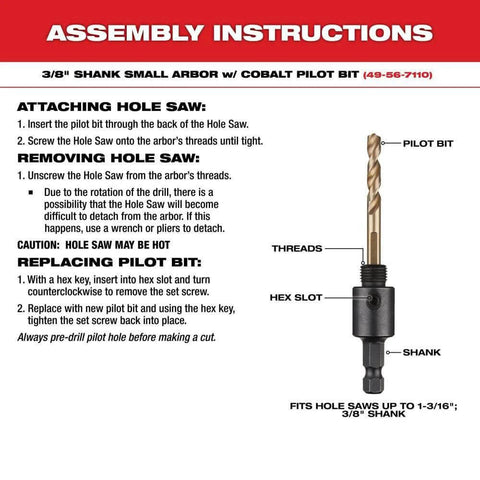 Milwaukee 49-56-0043 ice-hardened hole saw with arbor and pilot bit; front view of instructions showing shank, hex slot.