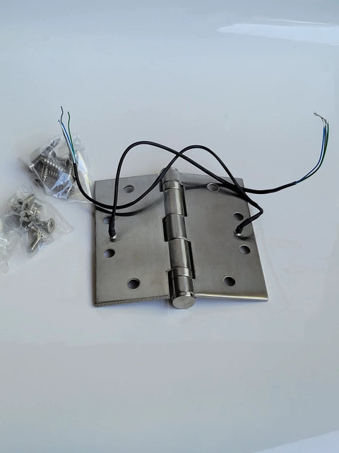4 Wire Stainless Steel Electrified Hinges 4.5 Inch Square Corner 3.5mm Thick UL Approved, shown with wiring and screws ready for installation
