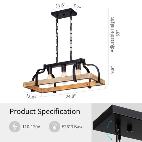 Three Light Metal Pot Hanging Chandelier With Wood Grain Finish Dope Rustic Farmhouse Ceiling Pendant For Kitchen Island And Dining Room Industrial Linear Light Fixture E26 Base Black showing adjustable height and dimensions.
