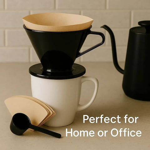 Single Cup Pour Over Coffee Dripper With Scoop And Ten Filters, Cone Size Two Manual Brewer, BPA Free Plastic on mug
