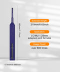 Blue VANDESAIL LC fiber cleaner pen for LC/MU 1.25mm adapters, extended length 219mm
