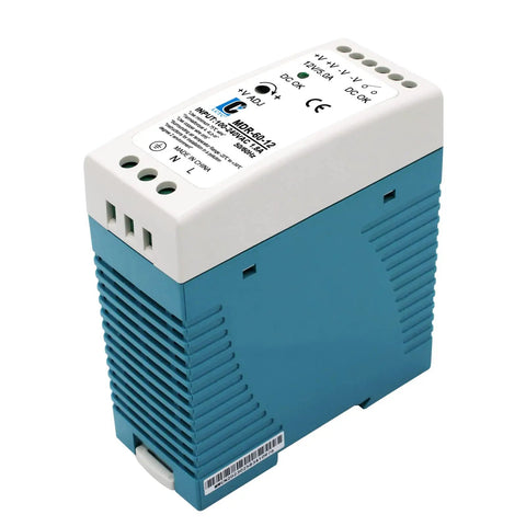 12V DC DIN Rail Power Supply 60W 5A, 100-240VAC Input, 12V Output, 50/60Hz Switching Converter shown at an angle