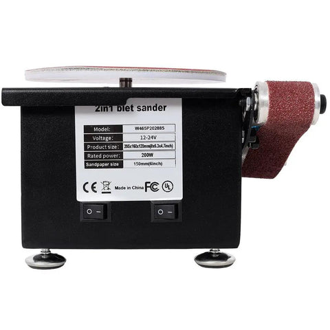 Mini Belt Sander Knife Sharpener 7 Speed Electric Grinder With Sanding Disc showing back view with power settings and motor specifications.