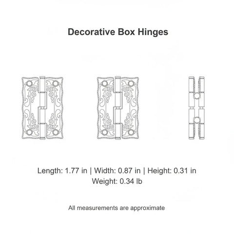 Diagram of 1.5 Inch Decorative Bronze Zinc Alloy Hinges For Small Jewelry Boxes And Craft Chests With Scalloped Edge Design