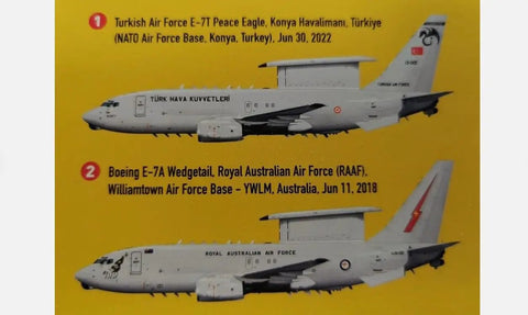 Illustration of E-7T Peace Eagle and E7A Wedgetail aircraft with military insignia and description labels on yellow background.