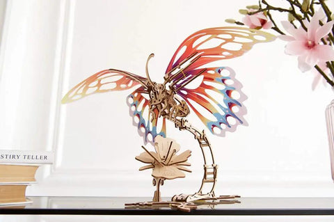 Wooden 3D Butterfly Puzzle Construction Set, Interlocking Mechanical Model With Clicking Assembly, Durable Craft Kit For Kids And Adults, Includes Illustrated Tutorial In 11 Languages And Fascinating Gear Motion, colorful wing display