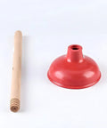 Heavy Duty Wooden Handle Plunger Duo For Toilets And Sinks Tough Rubber Bell red plunger and wooden handle, effective for clogs.