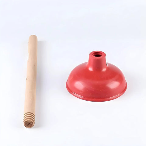 Heavy Duty Wooden Handle Plunger Duo For Toilets And Sinks Tough Rubber Bell red plunger and wooden handle, effective for clogs.