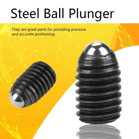 Rock Solid Carbon Steel Ball Spring Plungers M8x12 Hex Socket Machine Screws Pro Shop Gear Easy Install Precision Grip Set Of 10 For Garage And Heavy Machinery Projects, showcasing two steel ball plungers.