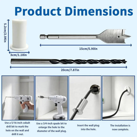 Rock The Perfect Starlink Wall Setup With This Super Sleek Routing Kit For Gen2 And Gen3 Dishes Plus Mini Ethernet Models, Includes 34 Inch Drill Bit White Steel Seal Clips Ties To Keep Cables Neat And Mess-Free Easy Install. Product dimensions chart with 3/4-inch spade bit and wall plug