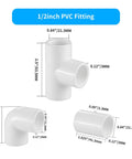 LESSO 30 Pcs 1/2 Inch PVC Fittings Set, showing Tee fittings, Couplings, and 90 Degree Elbows with dimensions, for DIY projects.