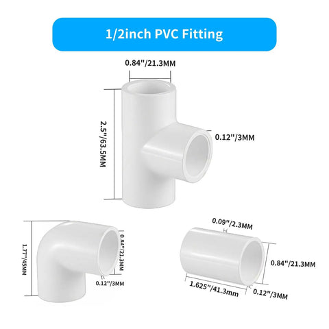 LESSO 30 Pcs 1/2 Inch PVC Fittings Set, showing Tee fittings, Couplings, and 90 Degree Elbows with dimensions, for DIY projects.