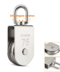 M75 Lifting Single Swivel Pulley Block for heavy duty hoisting, stainless steel, 1322 lb load capacity, 75mm sheave, side view