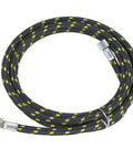 Super Chill Hella Flexible Braided Air Hose And Durable Rubber Tube With Spray Pen Adapter For Zero Kink Airbrush Extension Smooth Paint Flow One Eighth Inch Six Feet Long, black braided with yellow accents.