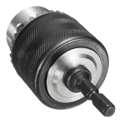 Game Changer 1 2 Inch Drill Chuck Adapter With Quick Swap Hex Drive And Wrench features smooth metal and durable rubber grip.