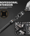 Heavy Duty Four Piece Three Eighths Inch Drive Impact Extension Bar Set With Universal Joint, CRV Steel shown with impact wrench