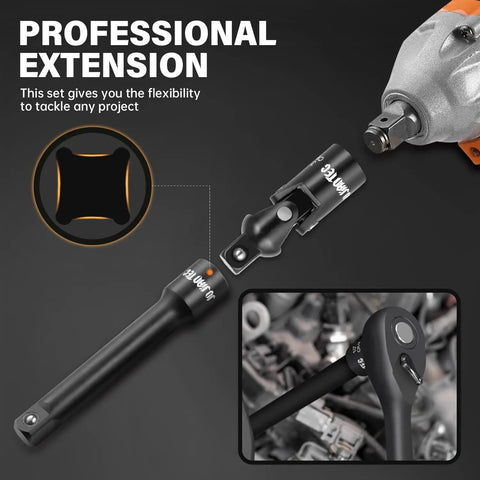 Heavy Duty Four Piece Three Eighths Inch Drive Impact Extension Bar Set With Universal Joint, CRV Steel shown with impact wrench