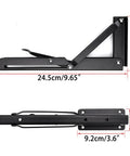 Side view of Sturdy Folding Shelf Brackets Set showing 10 inch heavy duty steel triangle hinge dimensions in cm and inches.