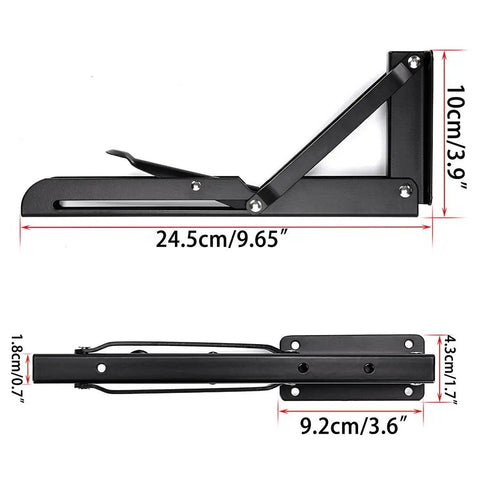 Side view of Sturdy Folding Shelf Brackets Set showing 10 inch heavy duty steel triangle hinge dimensions in cm and inches.