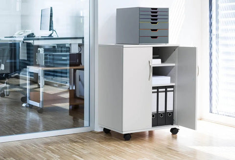 Heavy Duty Multifunction Closed Trolley In Grey With Flat Pack Delivery And Easy Assembly 528 By 737 By 400 Mm Two Built In Shelves