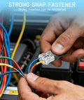 100Pcs Double Wire Plug In Connectors With Locking Buckle being used for low voltage wiring with hands demonstrating connection.